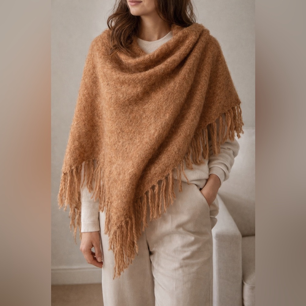 Vintage Gimbels Scottish Mohair Wool Shawl Fringe Triangle Wrap Camel